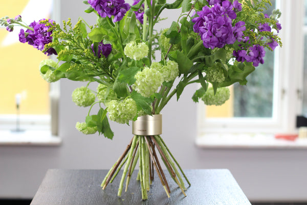 Vibrant bouquet with purple stocks and green viburnum using Hanataba Original Spiral Stem Holder.