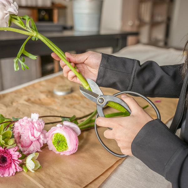 Bunch of pink flowers cut using Hanataba’s Japanese scissors.